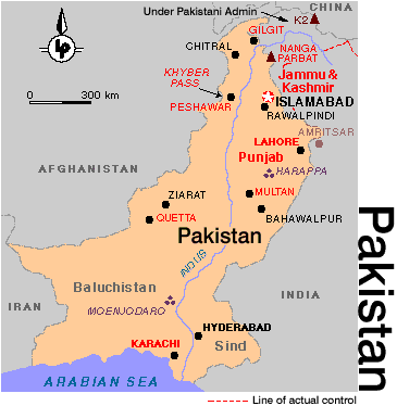 A map showing Pakistan's location among it's neighbors and various cities of importance